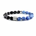 Faceted natural black onyx and blue sodalite beaded bracelet with silver rhinestone accents - Faceted Black Agate & Blue Vein Stone