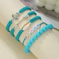 Handmade Bohemian blue braided bracelet set with shell and turtle charms - Blue Turtle Starfish Style (SY1048-1) / Set of 5