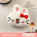 Cute plush rabbit hair clip with red bow, soft white faux fur doll accessory. - Red Nose Rabbit Doll - Hair Clip