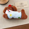 Adorable brown plush dog hair clip wearing a light blue polka dot vest for kids - Polka Dot Dog Doll - Hair Clip