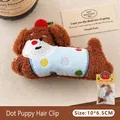 Adorable brown plush dog hair clip wearing a light blue polka dot vest for kids - Polka Dot Dog Doll - Hair Clip