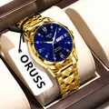 Reloj de cuarzo ORUSS para hombre en oro con esfera azul y doble calendario - Correa Dorada Poligonal - Esfera Azul