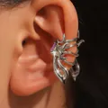 Gothic silver liquid metal wing ear cuff earring featuring a brilliant purple gemstone accent - Liquid Metal Purple Gem Ear Clip (M-684) / 1PC / Bright Silver