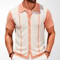 Cardigan polo da uomo in maglia a righe color pesca e panna a maniche corte estivo - 3XL / Top / Rosa