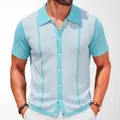 Polo da uomo in maglia a maniche corte con strisce blu chiaro e turchese, stile color-block - Taglia M / Top / Blu