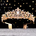 Couronne de mariée élégante en or avec cristaux blancs étincelants et peignes latéraux - Pompon Doré / Or