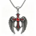 Vintage gothic wing cross necklace with red crystals for men's hip-hop punk style. - Cross Wing Pendant With Chain