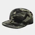 Detailed view of a 5-panel camouflage camper hat with flat brim and metal eyelets. - Adjustable / Dark Green Camouflage