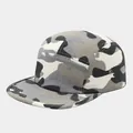Detailed view of grey camouflage five-panel camp cap with flat brim and metal eyelet - Adjustable / Black White Grey Camo
