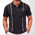 Men's black knit polo shirt featuring vertical contrast stripes and a patch pocket - M / Tops / Black