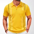 Stylish men's yellow short sleeve knit Polo shirt with contrast stripes and patch pocket - M / Tops / Yellow
