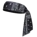 Gros plan du motif paisley noir et blanc sur bandana de pirate élastique pour le sport - Bandeau de Sport à Nouer / Long Bandeau 55-60CM / Nouveau motif noir