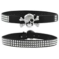Detailed view of punk style black belt with silver studs and a crystal skull buckle - Skull Rhinestone Buckle / 105cm