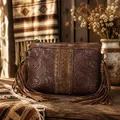 Vintage brown bohemian fringe crossbody bag with embossed floral pattern and studs - Coffee