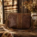 Vintage brown bohemian fringe crossbody bag with embossed floral pattern and studs - Coffee