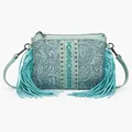 Bohemian mint green crossbody bag with fringe and floral embossed PU leather - Malachite green