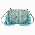 Bohemian mint green crossbody bag with fringe and floral embossed PU leather - Malachite green