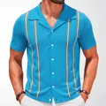 Premium men's vintage light blue striped knit polo shirt with casual Cuban collar - 3XL / Tops / Blue