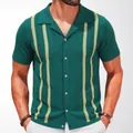 Men's vintage green striped knit polo shirt with short sleeves for summer leisure. - 3XL / Tops / Green