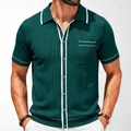 Stylish men's dark green ribbed short sleeve knitted polo cardigan with white piping trim - M / Tops / Green