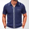 Men's navy blue ribbed knit short-sleeve polo cardigan with white contrast piping detail - M / Tops / Navy Blue