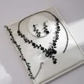 Elegant black crystal floral jewelry set including necklace bracelet and drop earrings - Flowers and Leaves 3-Piece Set (G230) / Black