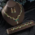 Elegant jewelry set featuring necklace, earrings, and bracelet with green crystals - Flowers and Leaves 3-Piece Set (G230) / Gold Green