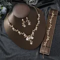 Elegant floral rhinestone jewelry set with necklace earrings and bracelet in gold - Flowers and Leaves 3-Piece Set (G230) / Gold White