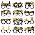 Close-up detail of 12 unique black and gold 2027 New Year's Eve theme paper glasses props set - 12 Styles Set Black Gold New Year Glasses