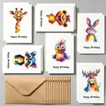 Selección de tarjetas de cumpleaños de animales en acuarela con sobres de papel kraft - Estilo de Animal de Dibujos Animados (S815) / Juego de 12 (Con 12 sobres)