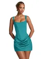 Detailed view of turquoise square neck corset mini dress with draped ruched skirt - Lake Blue