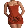 Elegant rust orange square neck sleeveless mini dress with ruched bodycon draped skirt. - Orange Red