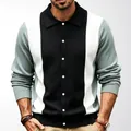 Elegant men's long sleeve knit polo cardigan with retro color block vertical stripes - M / Tops / Black