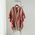 Ethnic style beige knitted poncho with red patterns and tassels on a clothes hanger - Tops / 170x110cm / Khaki Red