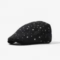 Vintage black newsboy cap with white starry pattern for a trendy retro look - One Size (55-58cm) / Starry Print Style (26196C) / Black