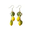 Handmade lemon resin drop earrings with delicate white flowers and vibrant green leaves. - Long Triple Lemon Style (FH1003-5)