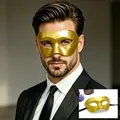 Detail view of a professional male model wearing a gold masquerade mask for Halloween party. - One Size / Flat Style / Gold
