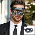 Close-up detail of vintage silver and black men's masquerade eye mask for Halloween - One Size / Flat Style / Antique Silver