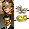 Elegant gold masquerade masks for men and women featuring filigree and smooth styles. - One Size / Flat + Soft Mask Set (013) / Gold