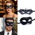 Black masquerade mask set for Halloween party featuring lace and matte half-face designs - One Size / Flat + Soft Mask Set (015) / Black