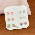 Set di 6 paia di graziosi orecchini a lobo piccoli con motivi a ciliegia rosa cuore e farfalla - Set da 6 paia / ZS6 Ciliegia Rosa