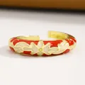 Vintage dripping oil enamel open ring with red and white floral geometric patterns - Red Enamel Floral (Z-024) / Gold