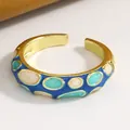 Adjustable gold-tone enamel ring featuring retro colorful geometric oval patterns - Blue Geometric Enamel (Z-025) / Gold