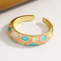 Retro gold-plated open ring with pink enamel and turquoise geometric oval patterns SKU - Pink Geometric Enamel (Z-117) / Gold