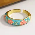 Adjustable gold-tone alloy ring with turquoise and pink floral enamel drip oil pattern - Blue Petal Enamel (X535) / Gold