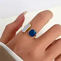 Vintage geometric gold ring with blue and white enamel drip oil design for index finger - Blue Grey Geometric Enamel (K-847) / Gold