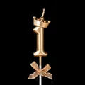 Golden number 1 birthday candle featuring crown decoration and glittery bow tie - Crown Bow Number 1 / Champagne