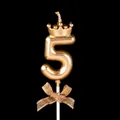 Elegant golden number 5 birthday candle featuring a crown topper and a decorative bow - Crown Bow Number 5 / Champagne