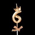 Gold number 6 birthday candle with crown and champagne bow for cake decoration - Crown Bow Number 6 / Champagne