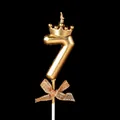 Golden number 7 birthday cake candle with elegant crown and glittery ribbon detail - Crown Bow Number 7 / Champagne